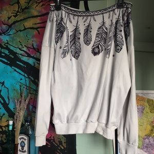 White off the shoulder feather print sweater